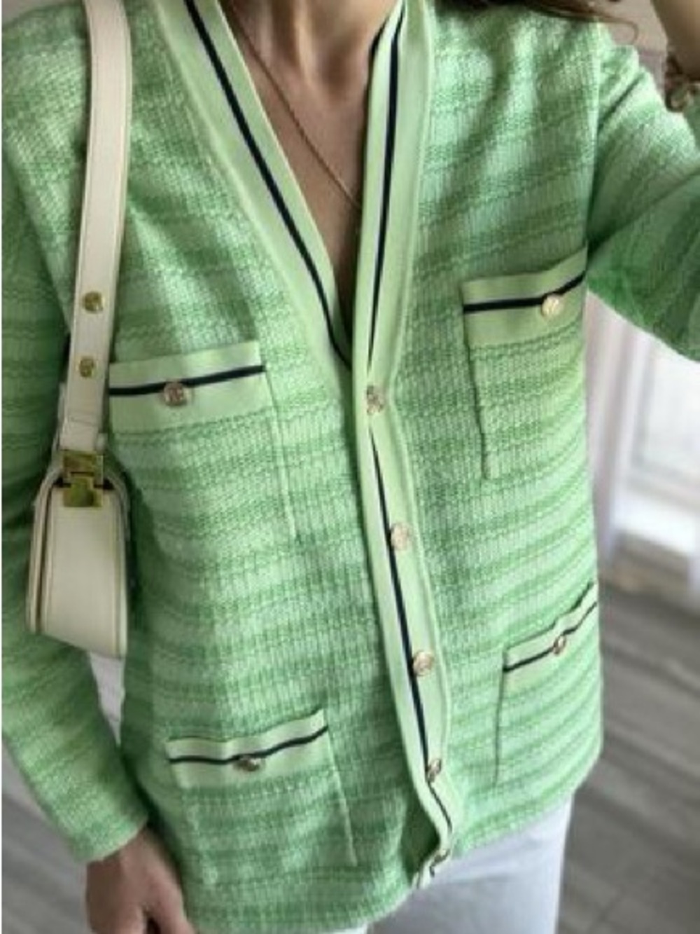 Mint Green Textured Cardigan with Navy Trim and Gold Buttons